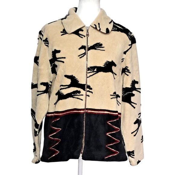 Vintage Horse Print Fleece Jacket Womens Size L by Tsunami Aztec Southwestern - Picture 1 of 13